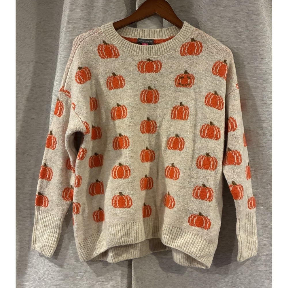 Vince Camuto Pumpkin Sweater Women XS Beige Orange Fall Festive Knit Comfy